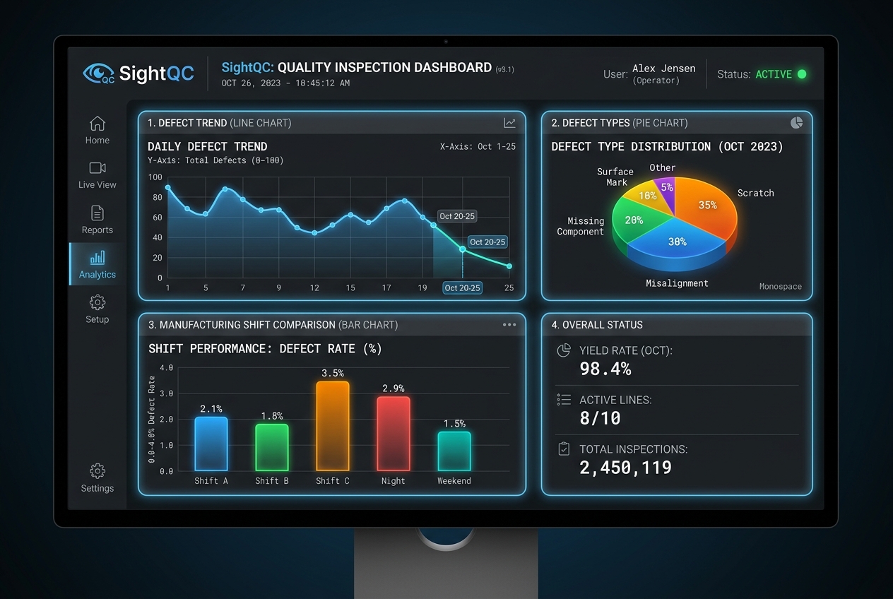SightQC Dashboard mockup charts